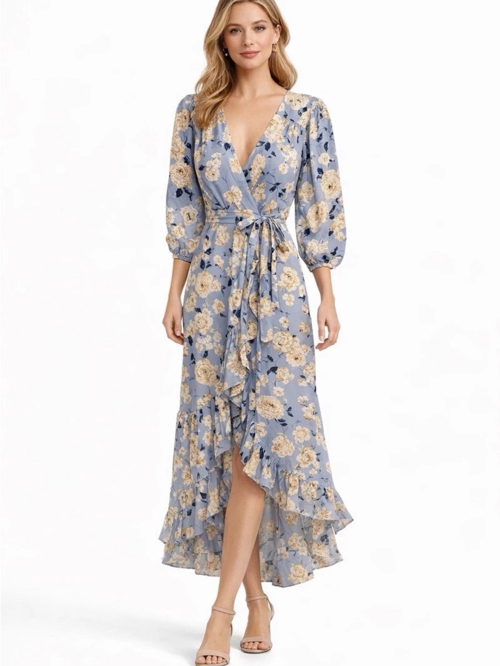 Light Blue Floral Wrap Maxi Dress with Ruffle Hem
